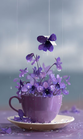A teacup overflowing with vibrant purple flowers is shown, accented by raindrops. The image features a soft, pastel color palette and delicate textures. The composition is likely intended for visual appeal. The image could be used for decorative purposes or to illustrate themes of beauty and nature.の素材