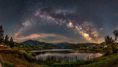 A stunning panorama showcases a night sky filled with stars over tranquil water and distant mountains. The image displays vibrant colors and textures, with a blend of dark blues and luminous whites. The composition presents a vast, natural environment, suitable for various commercial projects and editorial purposes.の素材
