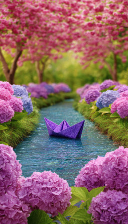 A purple paper boat sails on a blue stream framed by blooming pink and purple flowers. The scene presents a soft, diffused lighting, enhancing the romantic atmosphere. The artistic composition suggests a tranquil setting, suitable for various uses, including illustrative and decorative purposes.の素材