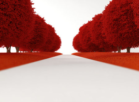 A graphic image displays a pathway flanked by vivid red trees, leading to a bright, open area. The visual style is clean and stylized, with a simple color palette emphasizing contrast. The overall composition suggests a journey or transition. This image could be used for various design projects or artistic purposes.の素材