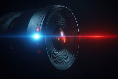 A close-up showcases a camera lens, dominating the frame against a black backdrop. It highlights detailed textures and reflections. Bright blue and red light flares intersect the lens, suggesting a studio environment and potential uses for photography or visual media projects, emphasizing technology and design.の素材
