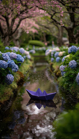 A small paper boat floats peacefully in a calm stream, framed by lush green vegetation and vibrant blue flowers. Overhead, the branches of trees, adorned with pink blossoms, create a natural canopy. The image utilizes soft lighting to highlight the textures and colors, suggesting a tranquil outdoor setting suitable for various editorial and commercial applications.の素材