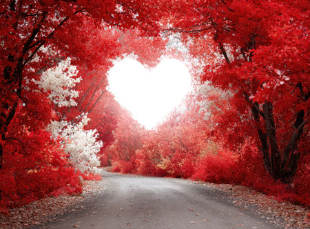 A scenic pathway leads towards a heart-shaped opening, framed by vivid red foliage. The image exhibits strong color contrast and a sense of depth. The overall composition features an outdoors setting, possibly at daytime with the effect of strong sunlight. This could be used for editorial designs or artistic projects.の素材