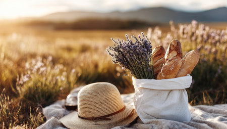 A picnic arrangement is presented in a sun-drenched field. The composition includes a hat, baguettes, and lavender. The warm color palette of the scene suggests a sunny day. This image is suitable for various uses, including illustrating themes of leisure, food, and the outdoors.の素材
