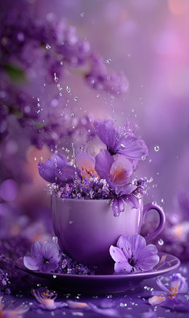 A close-up image features a cup filled with purple flowers, sitting on a saucer. Water droplets add a dynamic element. The image is dominated by shades of purple, creating a soft, dreamy atmosphere. The composition is likely suitable for decorative purposes, advertising, or editorial use related to nature or beauty.の素材