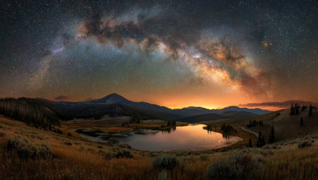 A serene landscape presents a lake reflecting the soft glow of the setting sun and the celestial display of the Milky Way. The composition features rolling hills and mountains, with dark silhouettes against a colorful sky. This could be used for scenic backgrounds, travel publications, or environmental designs.の素材