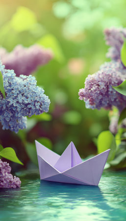 A small paper boat floats on water, the central focus of the image. The composition highlights the boat against a blurred backdrop of blooming lilac flowers and lush green foliage. Soft lighting and vibrant colors create a dreamy atmosphere, possibly suitable for artistic or decorative purposes.の素材