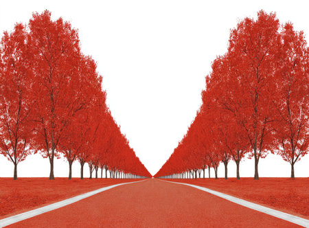 An artistic composition showcases a vibrant road bordered by symmetrically arranged red trees. The scene utilizes saturated colors, with a focus on shades of red against a white backdrop. The perspective draws the viewer's eye toward an open sky, suitable for conceptual or illustrative projects.の素材