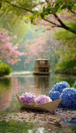 A paper boat carries delicate purple flowers, gracefully floating on tranquil water. Lush greenery and soft pink blossoms create a visually appealing background. The image features natural lighting and a shallow depth of field, suitable for various editorial and commercial applications.の素材