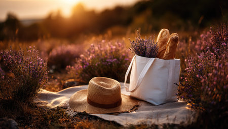 A picnic scene unfolds on a blanket, featuring a hat and a white bag with bread and lavender. The warm sunlight bathes the field, creating a soft, diffused lighting. The composition could be used for editorial illustrations or advertisements related to leisure or relaxation.の素材