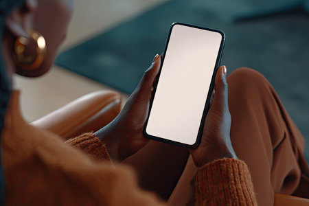 A person is shown holding a smartphone with a bright, empty display. The image emphasizes the device and the hands, suggesting interaction. The color palette leans towards warm tones, with soft lighting. The focus is on the digital interface with a simple, clean aesthetic, suitable for various commercial projects and design purposes.の素材