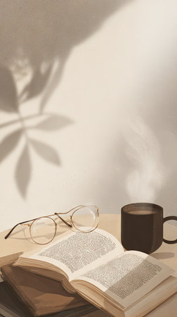 A still life composition features an open book, reading glasses, and a coffee cup against a neutral beige background. The scene is illuminated by soft sunlight, casting shadows that add depth and texture. This image could be suitable for editorial illustrations, educational materials, or commercial projects promoting lifestyle.の素材