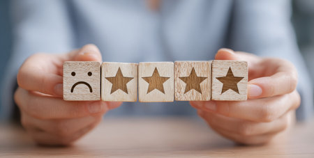 A person holds five wooden blocks, each displaying a rating symbol. The blocks showcase a range of customer feedback, from negative to positive. The image utilizes natural lighting and a neutral background. Suitable for illustrating concepts related to customer satisfaction and service evaluation, making it ideal for commercial use.の素材