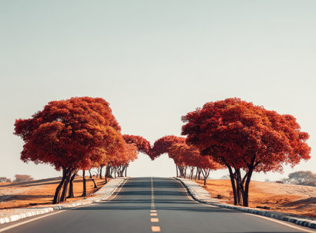 A straight road stretches into the distance, bordered by vibrant red-leaved trees under a soft, clear sky. The composition features an overhead perspective, highlighting the natural textures and warm colors of the environment. Suitable for various commercial and editorial projects.の素材