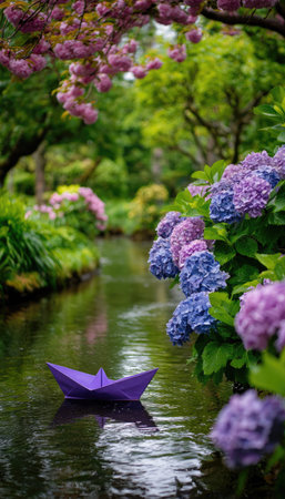 A vibrant image showcases a small purple paper boat floating on serene water. Lush greenery and clusters of purple and pink flowers frame the scene. The composition features soft lighting and a natural environment. This image could be used for illustrating concepts of leisure or environmental design.の素材