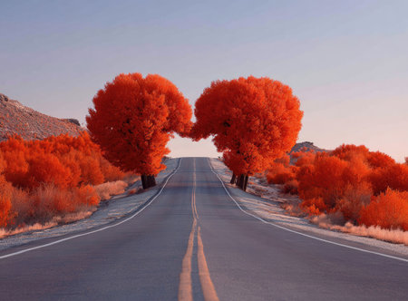 A straight road extends towards the horizon, flanked by vibrant red trees that appear to touch at the top. The composition uses a symmetrical perspective under a clear, pale blue sky. The overall style conveys a sense of calm and simplicity, suitable for a range of visual communication applications, as well as commercial purposes.の素材