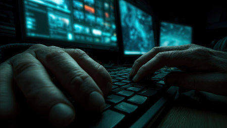 Hands operate a keyboard with multiple computer screens visible in the background. The scene features a dark atmosphere, with screens emitting a cool light. The image could be used in various editorial and commercial contexts, showcasing technology and digital environments.の素材