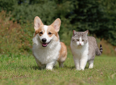 A Pembroke Welsh Corgi and a domestic cat stand side-by-side on grass. The corgi has brown and white fur, its mouth open in a smile. The cat, featuring grey and white markings, gazes towards the viewer. The image is taken outdoors with green foliage in the background, suitable for various commercial and editorial uses.の素材