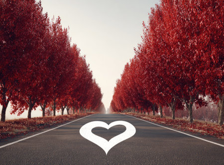 An image showcases a road leading towards the horizon, flanked by rows of trees adorned with bright red foliage. A white heart symbol is painted on the pavement. The composition displays a perspective view under soft, natural lighting. Suitable for romantic themes and visual storytelling.の素材