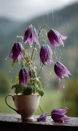 A vibrant image showcases purple flowers in a teacup, set against a blurred outdoor backdrop with falling rain. The composition utilizes natural light and focuses on delicate textures and rich colors. Ideal for visual storytelling, this photograph could be suitable for use in decorative projects, editorial layouts, and nature-themed content.の素材