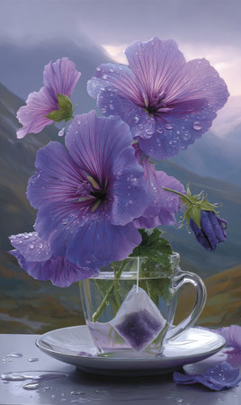 A close-up image showcases delicate purple flowers in a clear glass teacup, with visible water droplets. The composition is enhanced by a soft, diffused lighting and a mountain backdrop. This visual could be used for various purposes, including advertising for tea or related products, or editorial uses.の素材