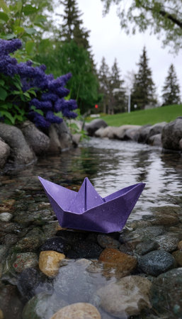 A purple paper boat rests in shallow, clear water, surrounded by smooth rocks. Lush green plants and trees create a natural backdrop under an overcast sky. The image displays a calm composition with soft lighting, suitable for illustrating concepts like journeys or creative design projects.の素材