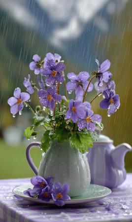 The image showcases a vase filled with vibrant purple flowers and a matching teapot, placed on a table. Delicate raindrops create a fresh ambiance against the backdrop of a blurry green scenery. The scene utilizes soft lighting and a dreamy composition, suitable for various applications such as print, advertising, or editorial content.の素材