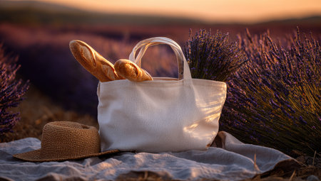 A white bag overflowing with bread rests on a blanket beside a straw hat. The scene is bathed in soft, warm light, suggesting late afternoon. Purple flowers fill the background, adding texture and color. This composition evokes feelings of relaxation and could be used for lifestyle or culinary content.の素材