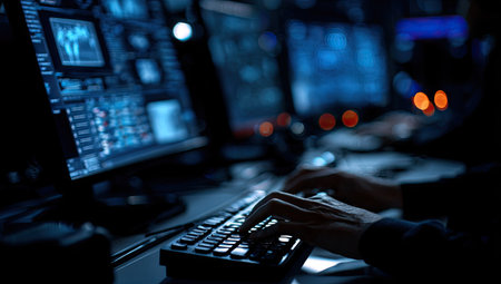 A person is working on a computer with multiple screens displaying data in a dimly lit environment. The image showcases modern technology, with a focus on data analysis. The composition includes keyboards, screens, and a dark setting suggesting a workplace. It could be used for illustrating technology, data, or cybersecurity.の素材
