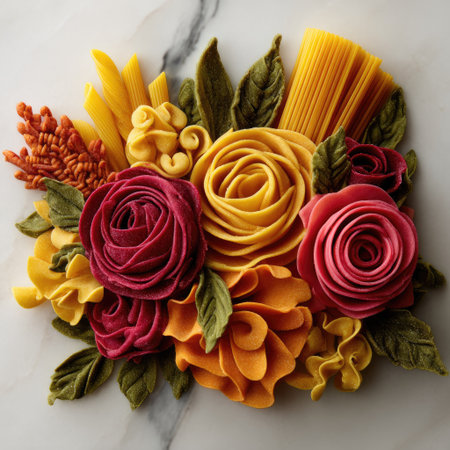 This vibrant image presents a unique floral arrangement crafted entirely from pasta. The composition showcases various pasta shapes, creatively forming roses, leaves, and other botanical elements. The artwork features a palette of warm colors, with a focus on detail. Suitable for food-related concepts, creative design, and decorative projects.の素材