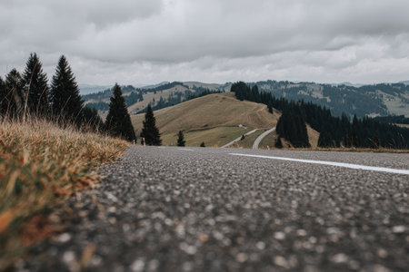 A road snakes through rolling hills under an overcast sky. The asphalt surface is detailed, leading the eye towards distant hills. The landscape features green trees, grass, and brown hillsides. This image can be used for travel, environment, or nature themes.の素材