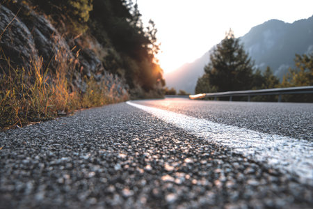An asphalt road stretches into the distance between mountains, highlighted by sunlight. The image showcases the texture of the road surface and the natural environment. Its composition, which includes a close-up perspective, is suitable for illustrating travel, nature, or landscape concepts. It could be used in various commercial contexts.の素材