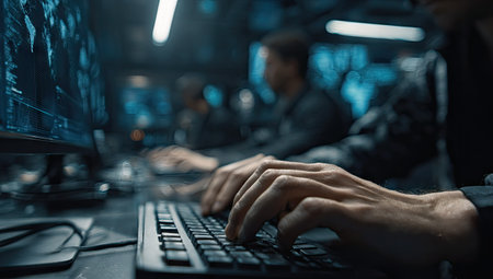 Hands typing on a keyboard are in focus, set against a blurred background of a computer screen and other figures. The scene is dark with cool tones, featuring artificial lighting. It suggests a technology or business setting suitable for various commercial and editorial applications.の素材