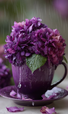 A vivid purple floral arrangement sits in a matching cup and saucer. The image captures the flowers and cup against a blurred background. Realistic water droplets cascade, suggesting rain. The composition, with its rich colors and soft focus, is suitable for various commercial and editorial projects.の素材
