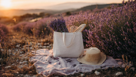 A white tote bag filled with lavender flowers and bread rests on a blanket, accompanied by a hat. The scene is bathed in warm sunlight during the golden hour, creating a soft focus effect. The color palette includes purples, greens, and beige tones, suggesting a natural outdoor setting for various editorial or commercial applications.の素材