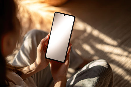 A person holds a smartphone with a blank screen, illuminated by sunlight streaming across the scene. The composition highlights the device against a blurred background, suggesting a relaxed indoor setting. This image could be suitable for illustrating various applications, technology, or lifestyle concepts in commercial projects.の素材