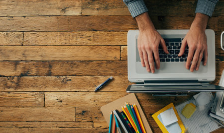 Overhead view captures a person's hands typing on a laptop keyboard positioned on a wooden desk. The composition highlights the texture of the wood and surrounding office supplies. This image can be used for websites, marketing materials, and business presentations.の素材