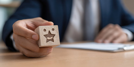 A person in a suit holds a small wooden cube featuring a carved star and smiley face. The composition uses soft focus and shallow depth of field. The lighting is diffused, suggesting an indoor setting. The image may be suitable for commercial use related to business, success, or positive emotions.の素材