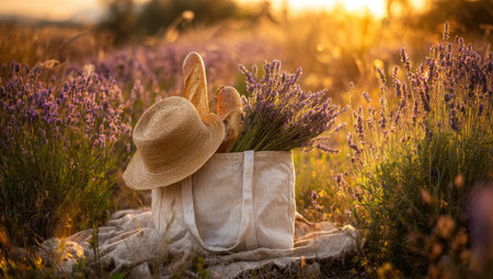 A picnic basket, filled with a baguette, lavender, and a hat, sits in a field of blooming purple flowers. The warm, golden light of sunset bathes the scene, creating a soft, romantic atmosphere. This idyllic image can be used for various commercial and editorial projects.の素材