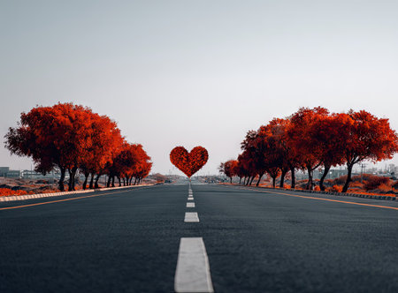 An asphalt road stretches into the distance, flanked by trees with vibrant red foliage. A floating heart-shaped symbol hovers in the center. The composition employs symmetry under a pale sky. This image could be used for a variety of commercial or editorial applications, conveying concepts related to love, travel, or the environment.の素材