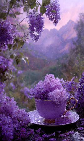 A teacup filled with vibrant purple flowers sits in the foreground, with a blurred mountain range in the background. The composition displays a soft focus, with gentle lighting and a dreamy aesthetic. This image conveys a sense of tranquility and could be used for various projects, including design or editorial purposes.の素材