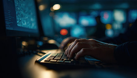 A person is typing on a keyboard. The scene presents a low light scenario with a computer monitor in the background. The composition emphasizes hands and keyboard, focusing on the action of typing. This could be suitable for articles or visual elements relating to technology or data processing.の素材