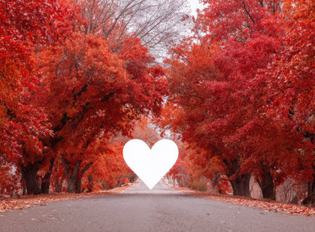 An avenue lined with vibrant red autumn trees leads to a centrally positioned heart shape symbol. The image presents a composition emphasizing symmetry, with overhead lighting and rich colors. The visual style could be used for various commercial and editorial purposes, including romantic themes.の素材