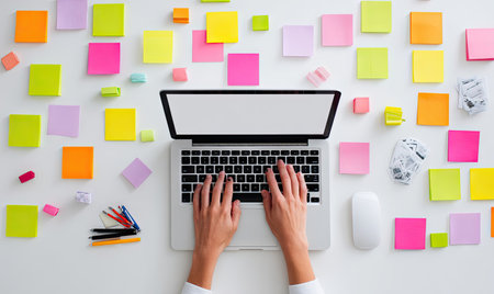 A person works on a laptop, hands on the keyboard, set against a backdrop of multicolored sticky notes. The composition features a top-down view with bright, vibrant colors. The setting appears to be indoors, possibly a workspace, offering potential for illustrating ideas in digital marketing or content creation.の素材