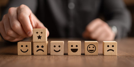 A person arranges wooden blocks with different facial expressions, showcasing varying levels of satisfaction. The composition features a close-up view, focusing on the interaction with the blocks. The lighting is soft and diffused, and the scene suggests an indoor setting. Suitable for illustrating customer satisfaction or business feedback.の素材