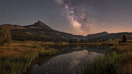 A tranquil landscape presents a mountain range with a still lake reflecting a starry sky. The composition displays natural colors and textures, with the sky and surrounding hills under a gradient of light. Suitable for use in various commercial and editorial projects, this image captures a serene environment.の素材