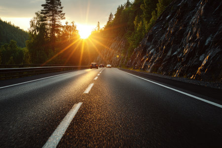 A road stretches towards the setting sun, with cars traveling along. The composition features a highway amid a natural environment. The scene is lit by direct sunlight. Potential uses include travel advertising, landscape photography, and illustrating concepts of journey.の素材