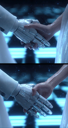 This image presents a handshake between a human hand and a robotic hand. The composition utilizes a close-up perspective. The robotic hand showcases intricate mechanical details with a metallic texture, contrasting with the skin. The lighting suggests a futuristic setting, appropriate for various commercial or conceptual projects.の素材