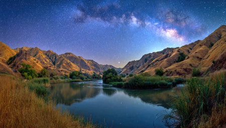 A landscape scene showcases a tranquil river winding through a mountain range. The image displays a rich palette of colors with deep blues and golden tones. The composition emphasizes a sense of peace under a starry night. It is suitable for various commercial and editorial applications.の素材