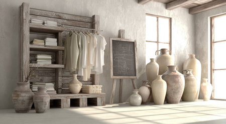 An indoor composition features a weathered wooden rack holding clothing and books, alongside a collection of vases of varying sizes. The neutral color palette is highlighted by soft lighting. A blank chalkboard stands on an easel. The scene could be suitable for commercial or editorial projects.の素材